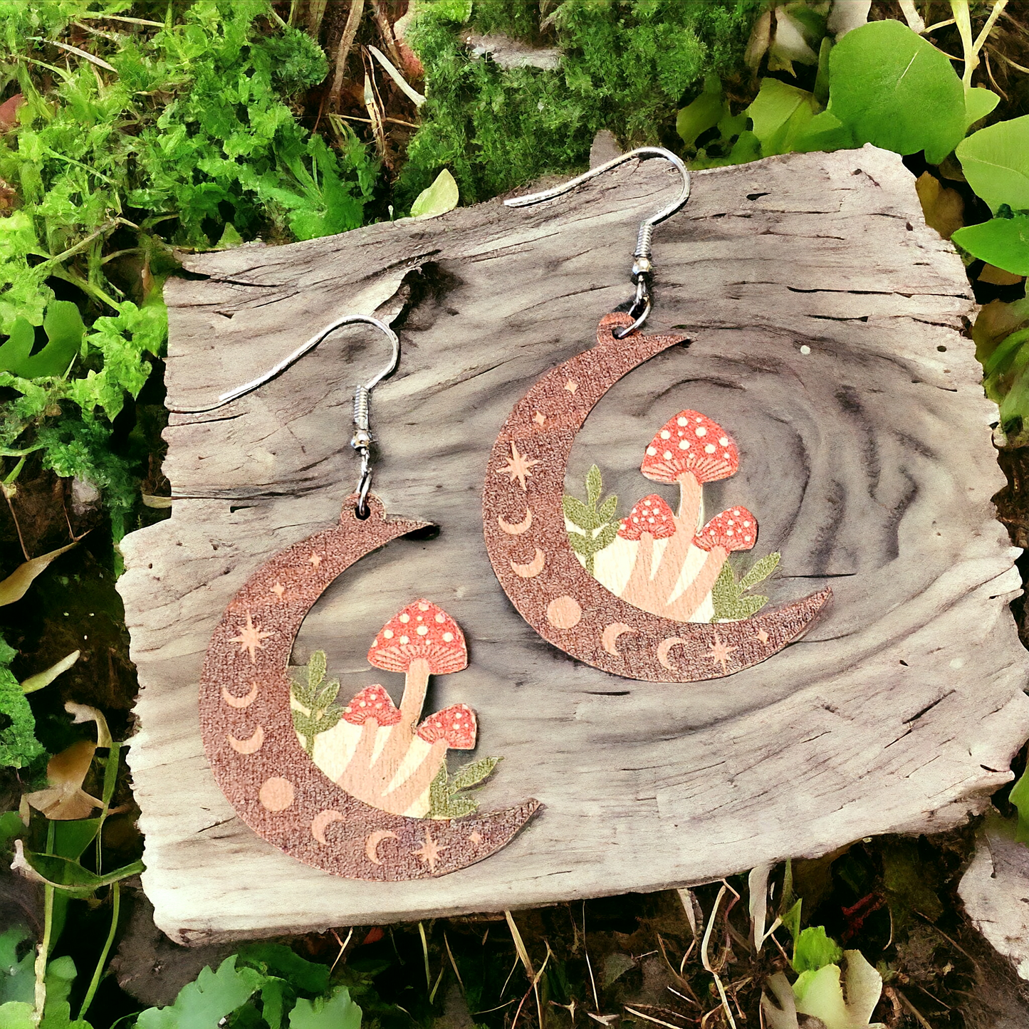 Moon Phase Mushroom Earrings