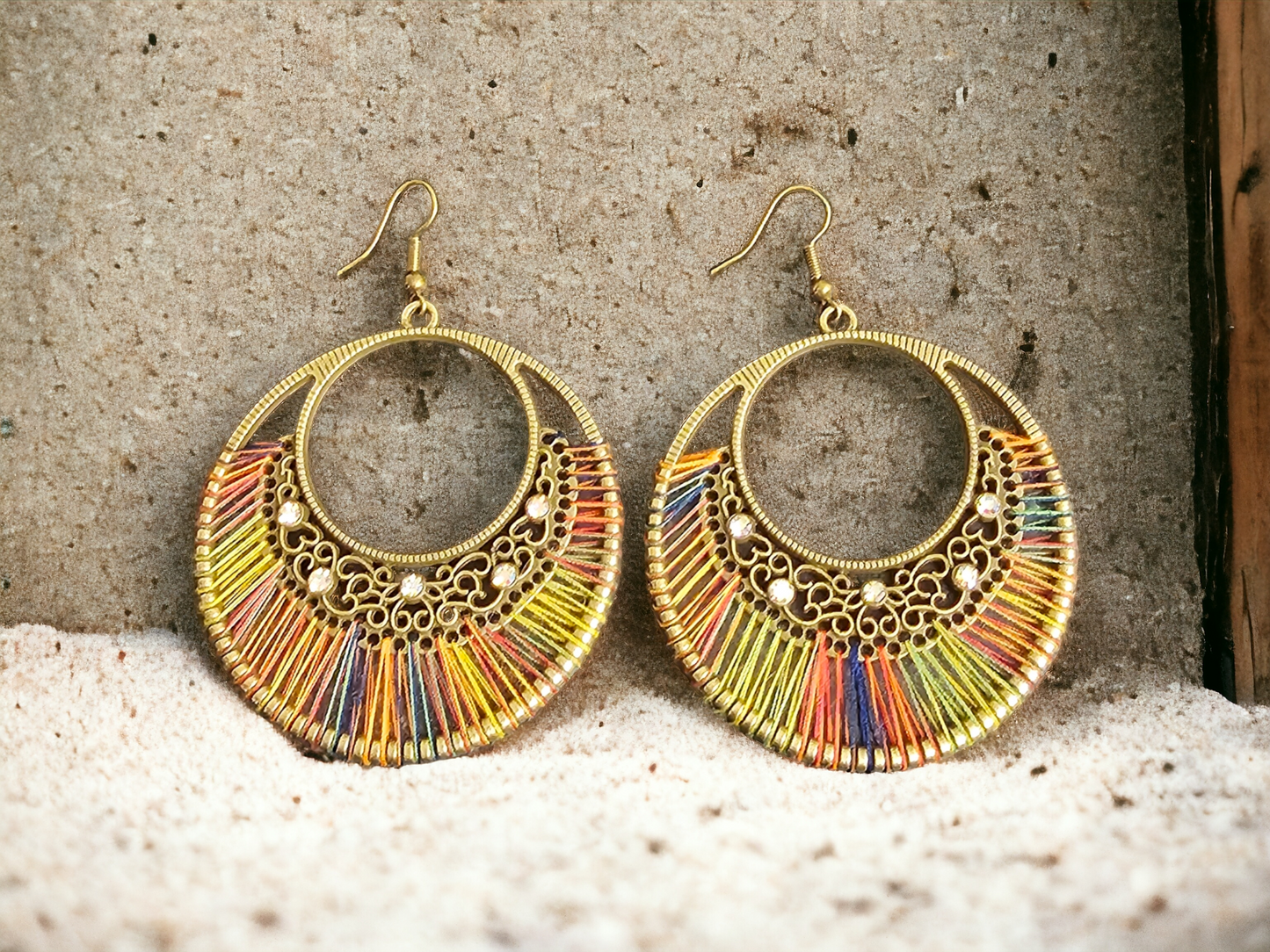 Round Rainbow Woven String Boho Earrings w/ Rhinestones