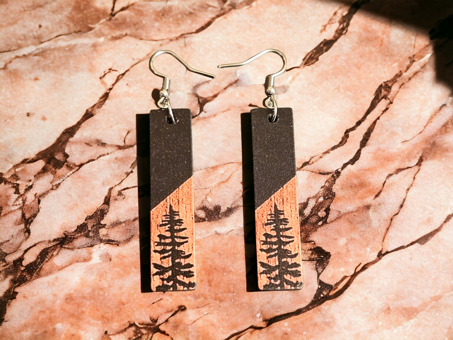 Rustic Tree Rectangle Wood Earrings (black)