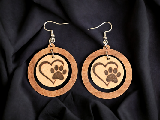 Round Wood Paw Print w/ Heart Earrings